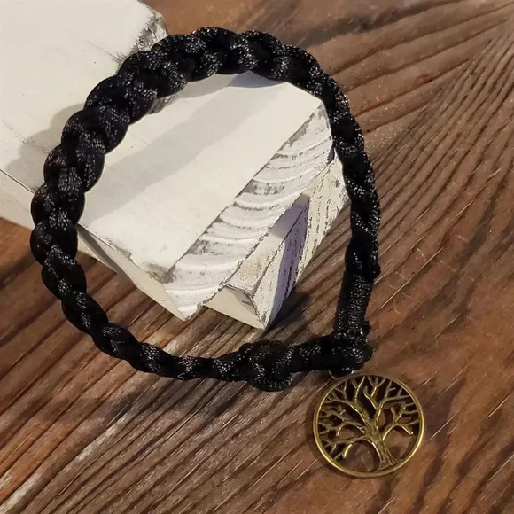 Braided Jet Black Silk Antique Brass Tree of Life Charm Button Bracelet - Picture 5 of 5